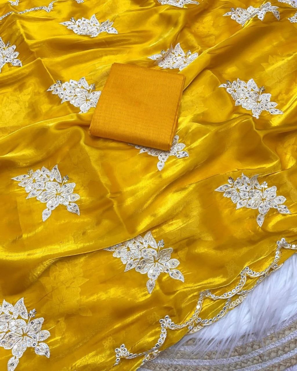 Indian Yellow Stylish Zimmy Choo Silk Saree | Clone Design
