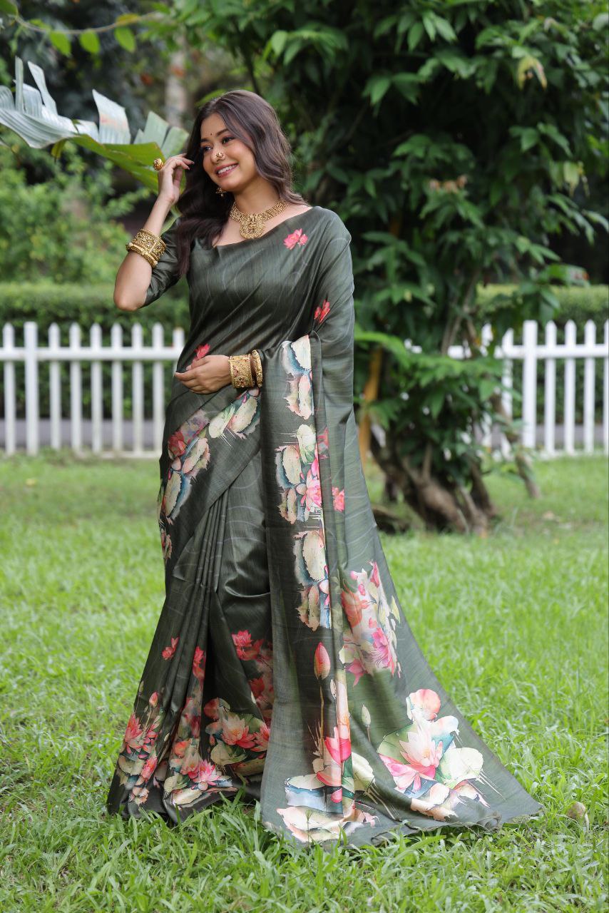 Jungle Green Lotus Printed Tussar Silk Saree