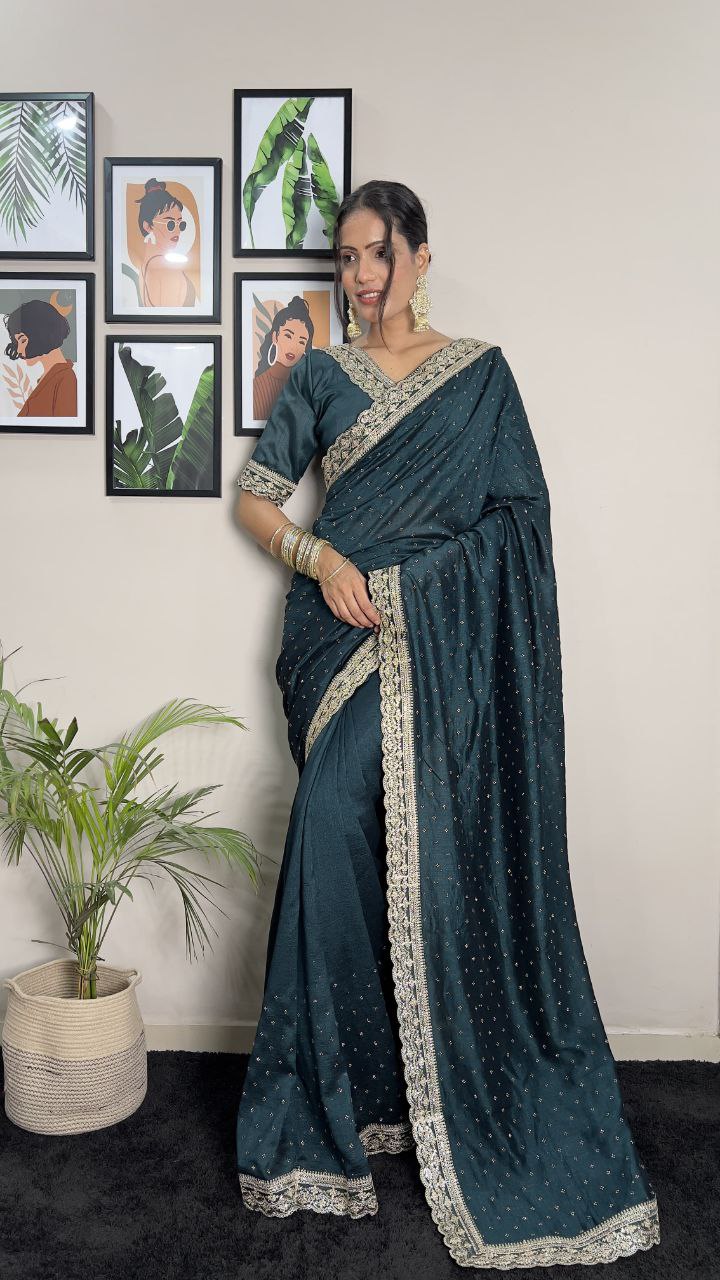 Jungle Green Party Wear Vichitra Silk Saree