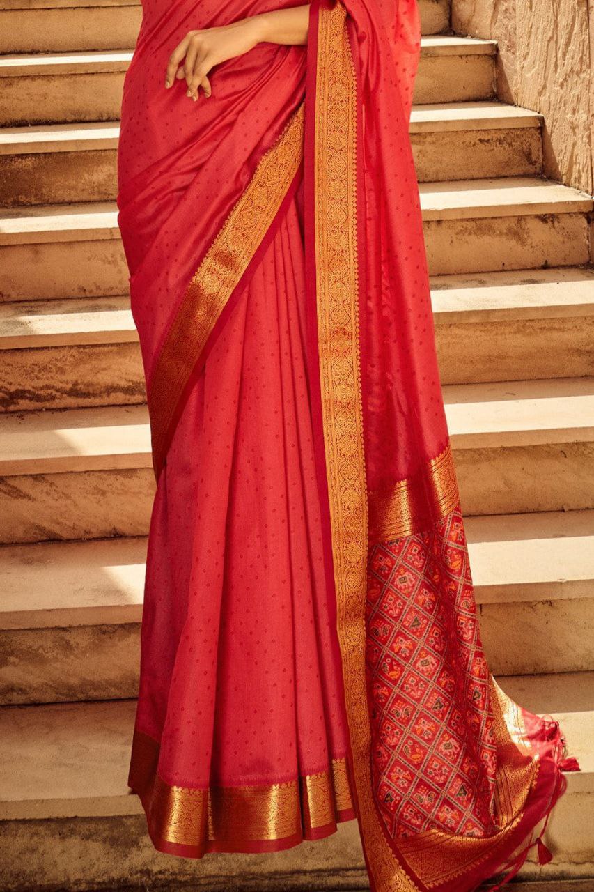 Red Color Kaadi Raw Silk Saree For Women Wedding