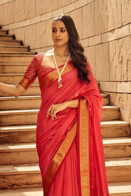 Red Color Kaadi Raw Silk Saree For Women Wedding
