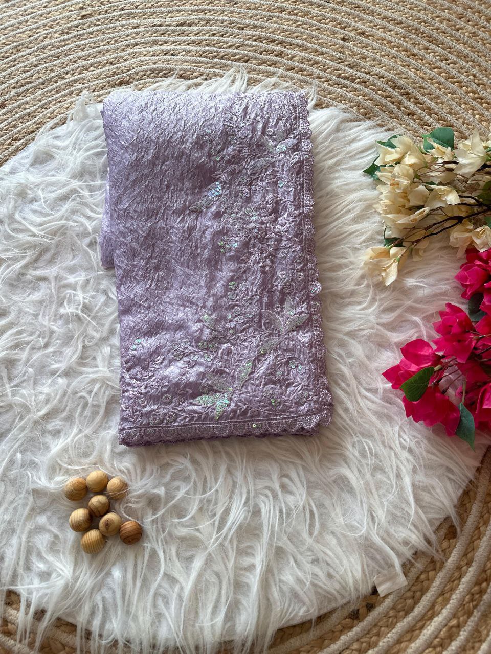 Lavender Crushed Fancy Tissue Silk Saree