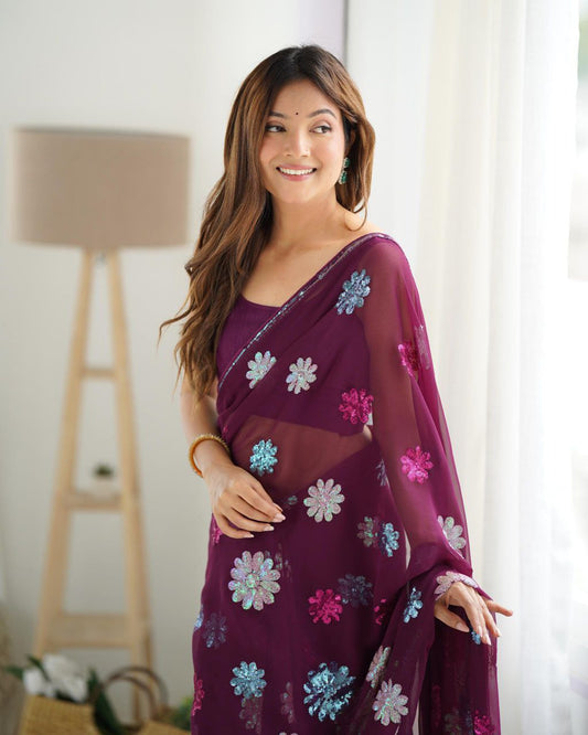 Grape Purple Designer Party Wear Georgette Saree