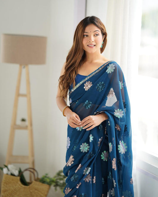 Nile Blue Designer Party Wear Georgette Saree