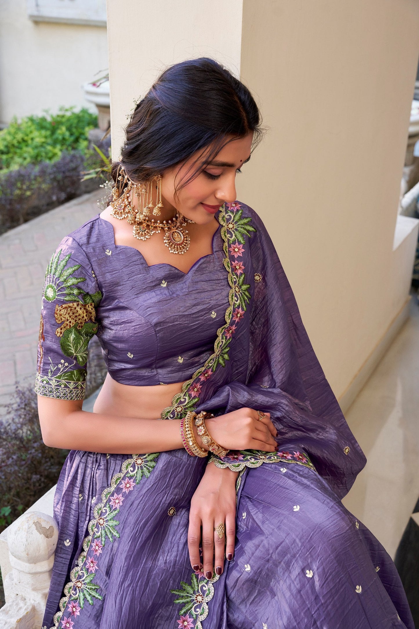 Lavender Party Wear Gold Crush Lehenga