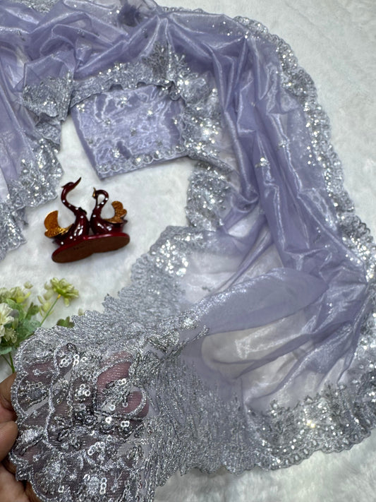 Lavender Party Wear Gold Twill Net Saree