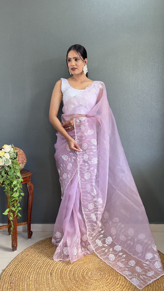 Lavender Ready Made Organza Silk Saree