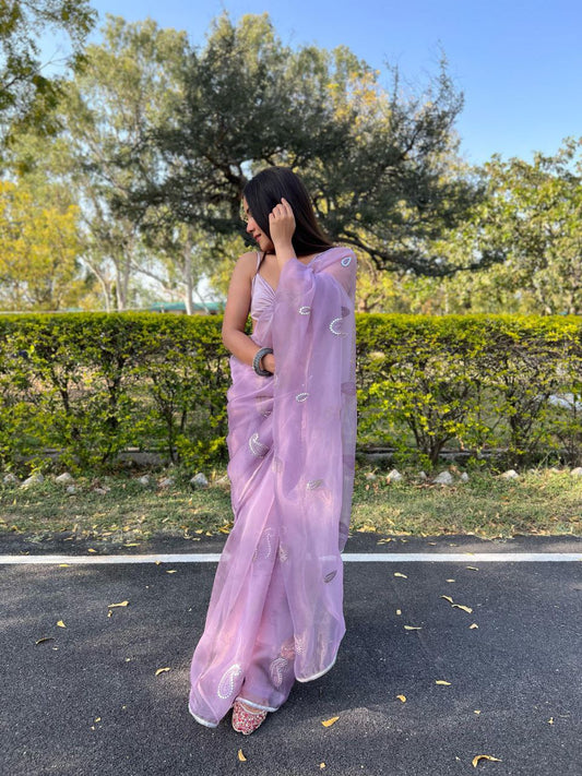 Lavender Stylish Party Wear Organza Silk Saree