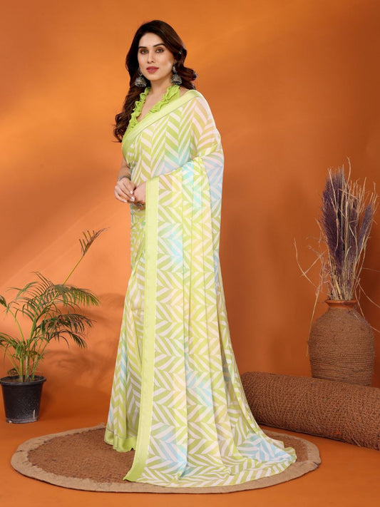Light Green Printed Soft Satin Patta Saree