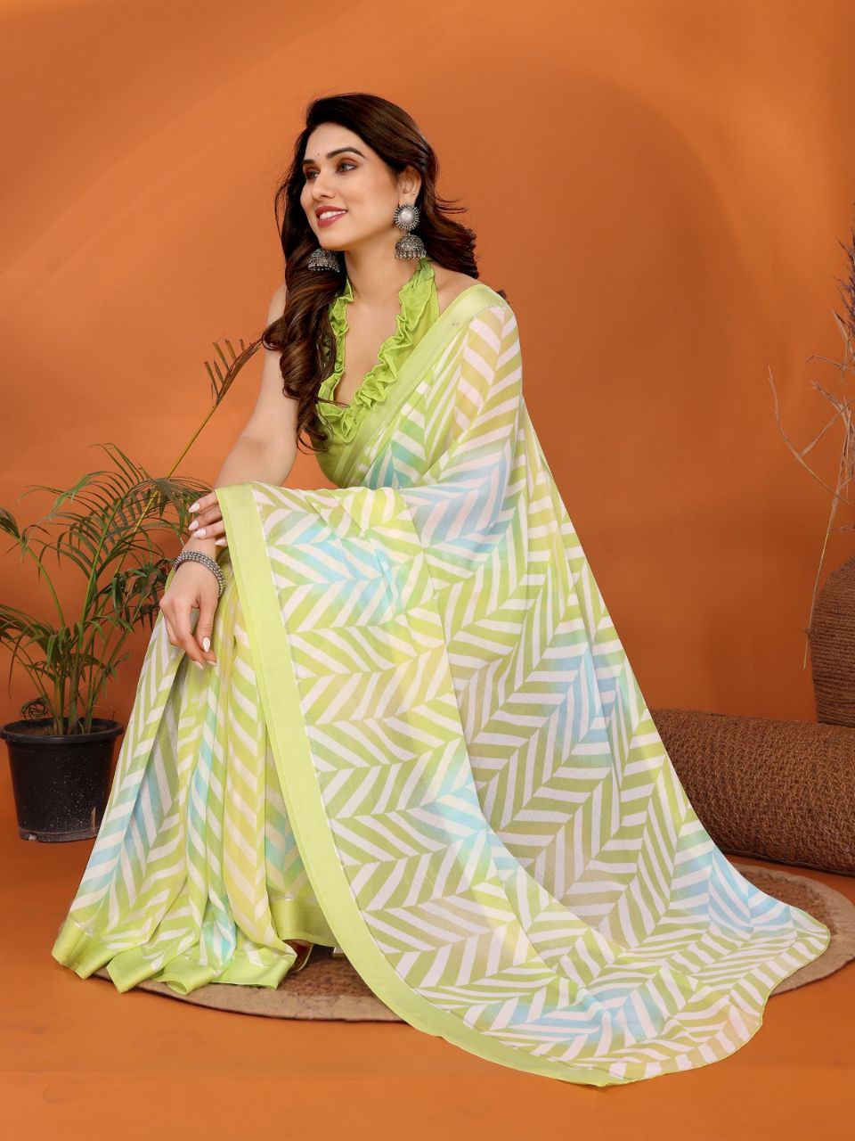 Light Green Printed Soft Satin Patta Saree