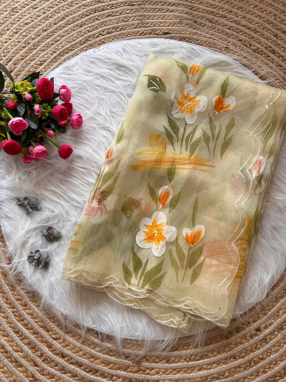 Lime Yellow Floral Handprinted Organza Silk Saree