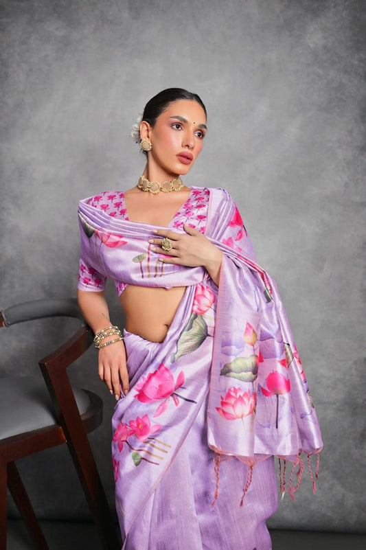 Lotus Printed Tussar Silk Saree In Lavender