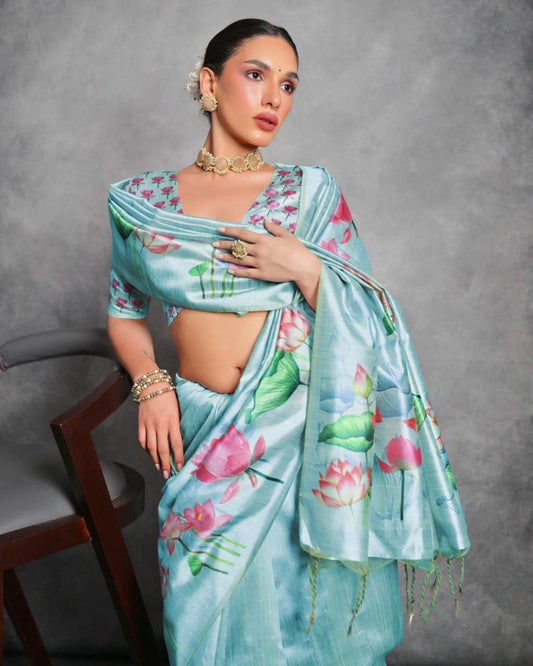 Lotus Printed Tussar Silk Saree In Moonstone Blue