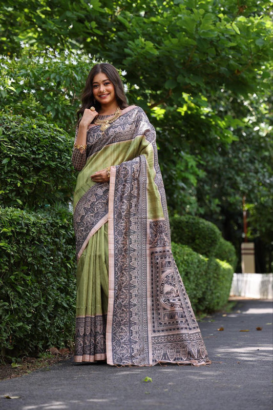 Mehendi Madhubani Printed Tussar Silk Saree