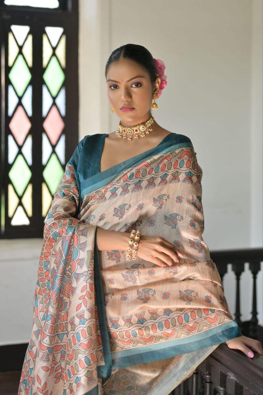 Madhubani Printed Tussar Silk Saree
