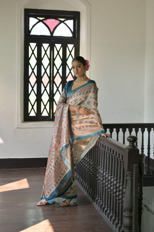 Madhubani Printed Tussar Silk Saree