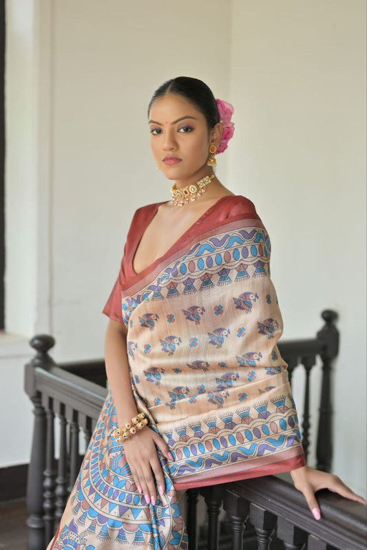 Madhubani Printed Tussar Silk Saree