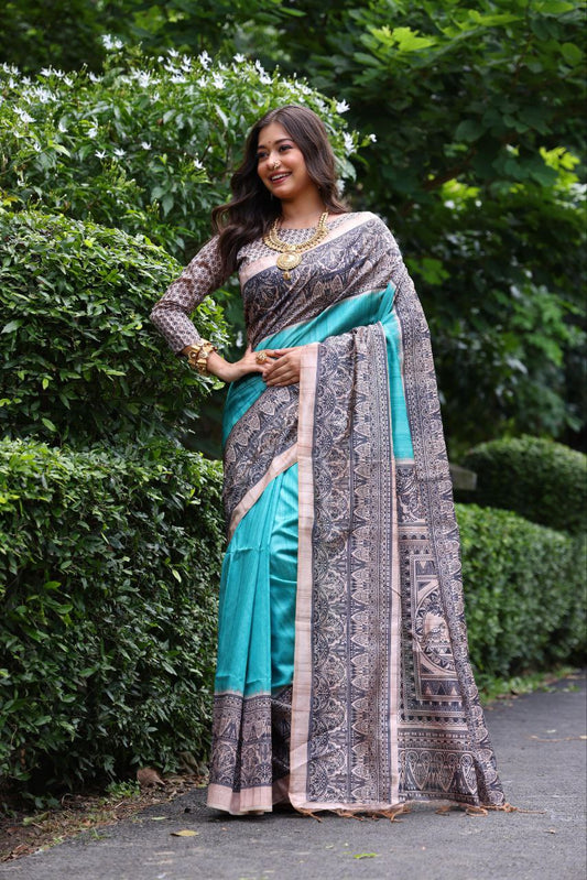 Aqua Madhubani Printed Tussar Silk Saree