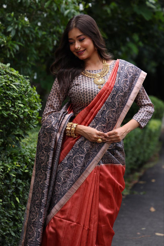 Madhubani Printed Tussar Silk Saree