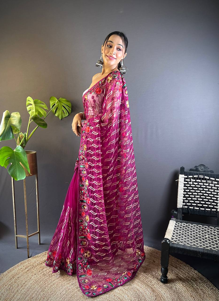 Magenta Designer Butterfly Net Saree