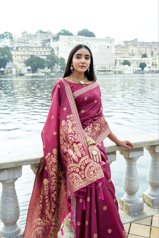 Magenta Wedding Wear Soft Silk Saree
