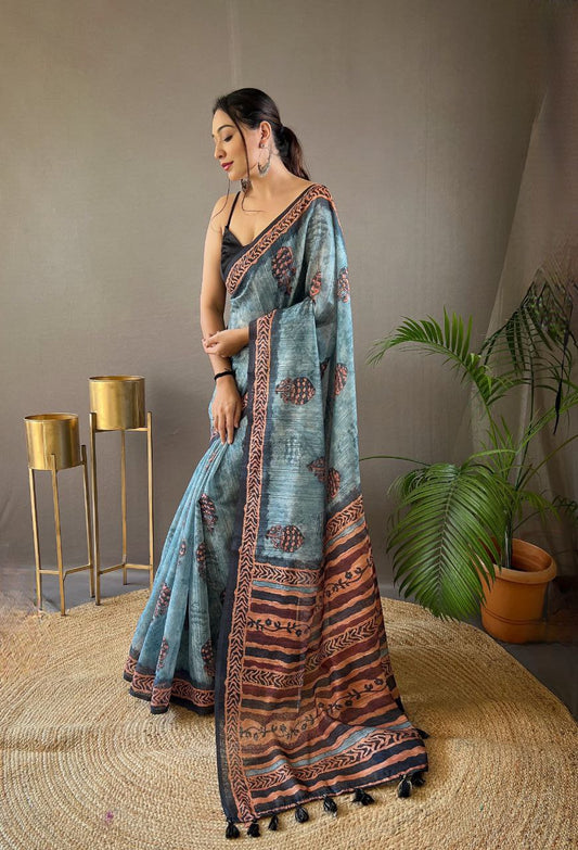 Marble Blue Cotton Tussar Silk Saree