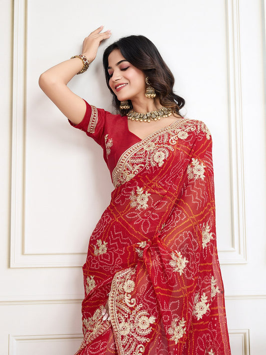 Maroon Bandhani Printed Georgette Saree
