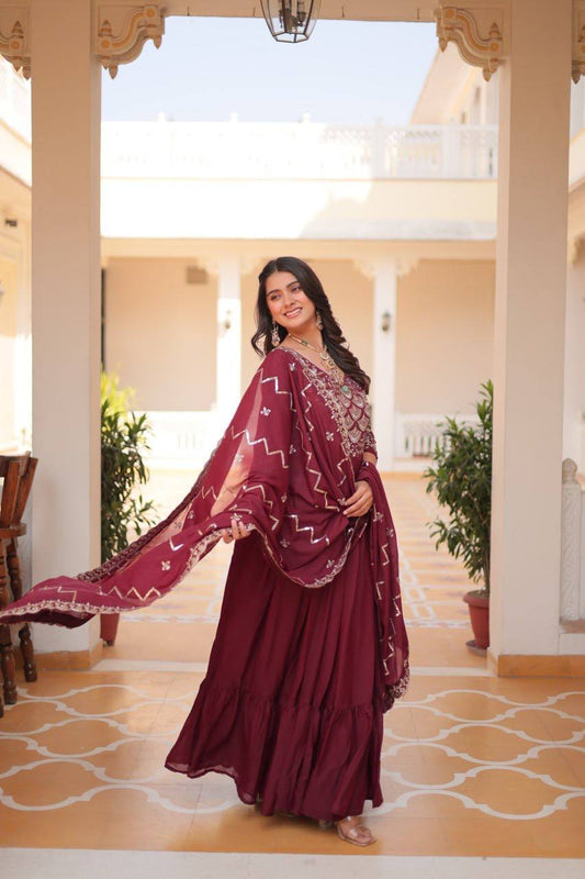 Maroon Designer Long Gown Dress With Dupatta