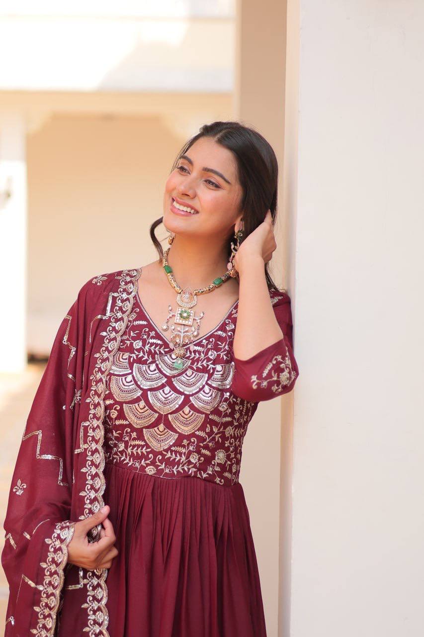 Maroon Designer Long Gown Dress With Dupatta