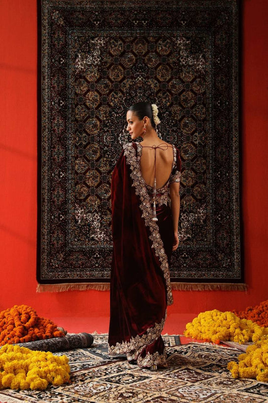 Maroon Designer Wedding Wear Velvet Saree | Replica Design