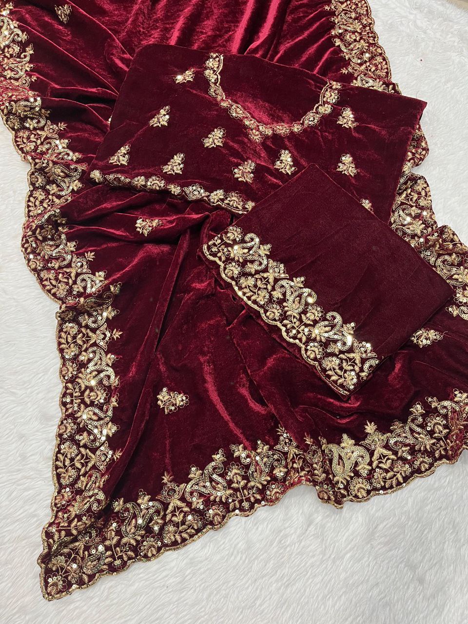 Maroon Wedding Wear Velvet Saree | Clone Design