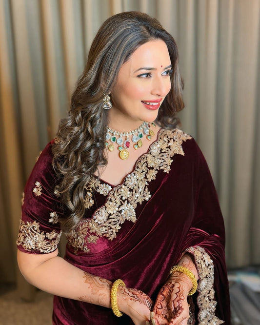Maroon Wedding Wear Velvet Saree | Clone Design