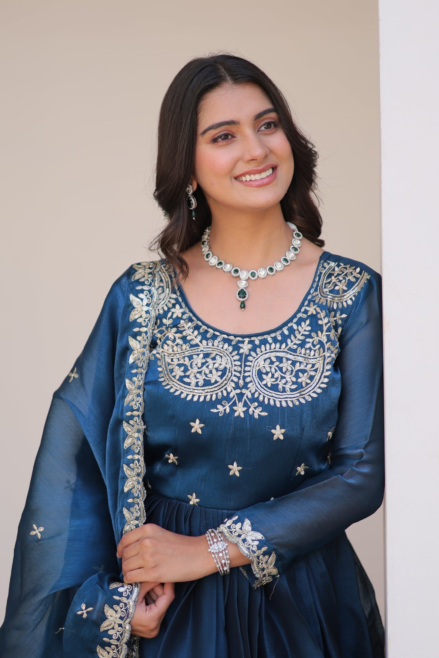 Midnight Blue Designer Burberry Silk Gown Dress With Dupatta