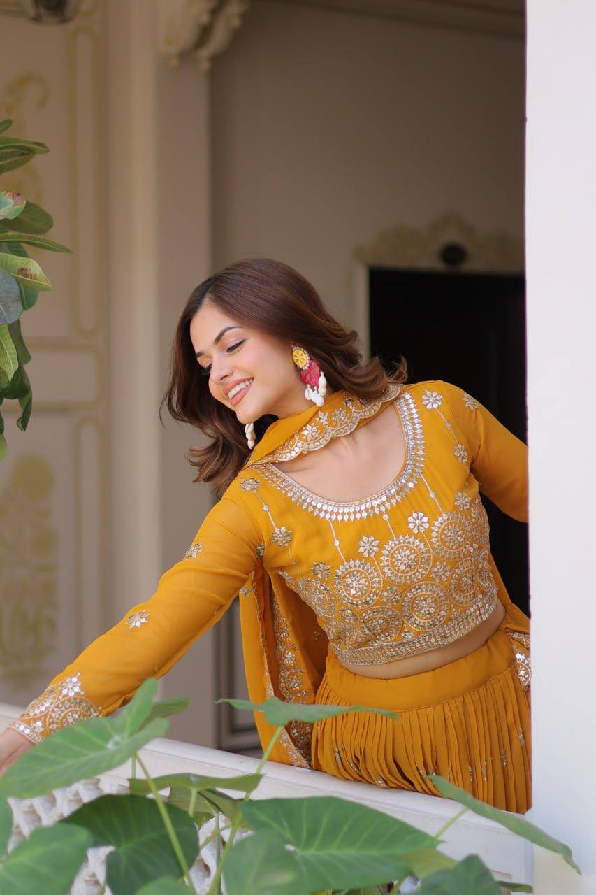 Mustard Designer Georgette Lehenga For Wedding