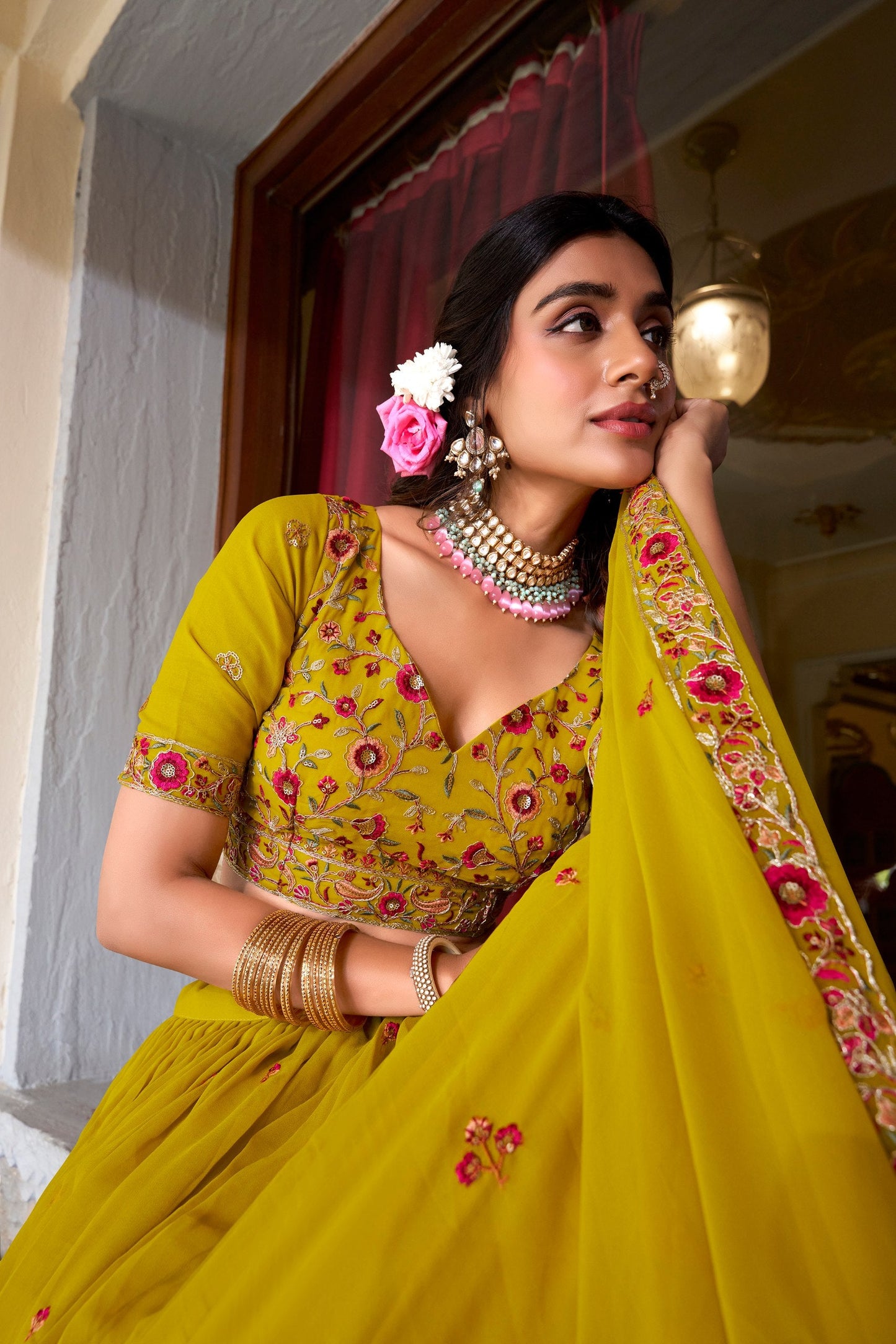 Mustard Designer Wedding Wear Lehenga