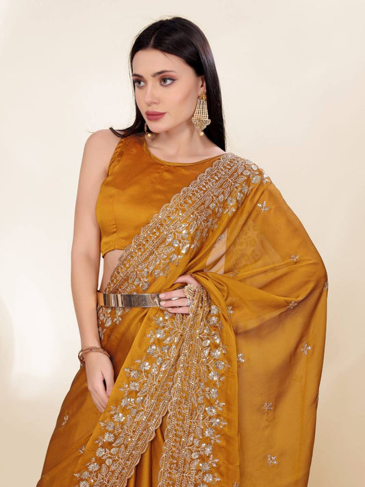 Mustard Gold Party Wear Rangoli Silk Saree