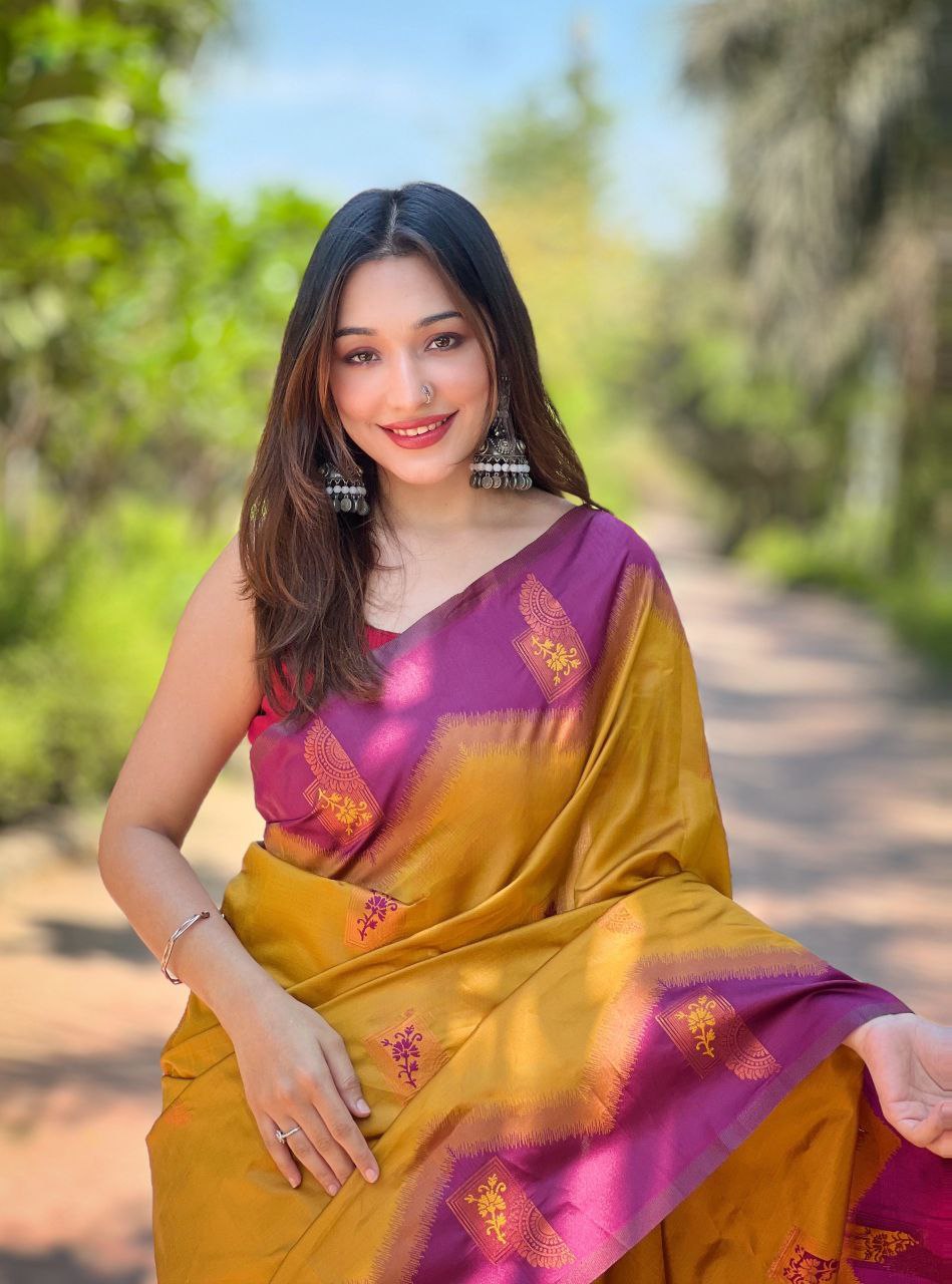 Mustard Kanjivaram Pattu Zari Silk Saree