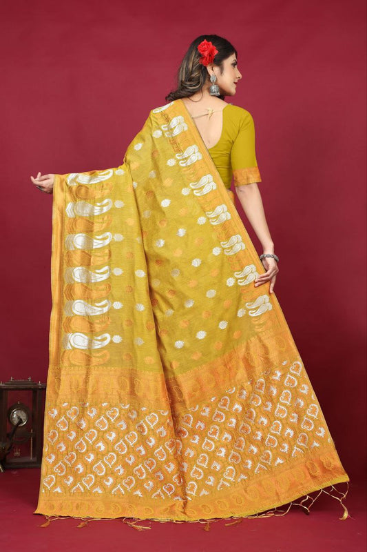 Mustard Pure Linen Silk Saree