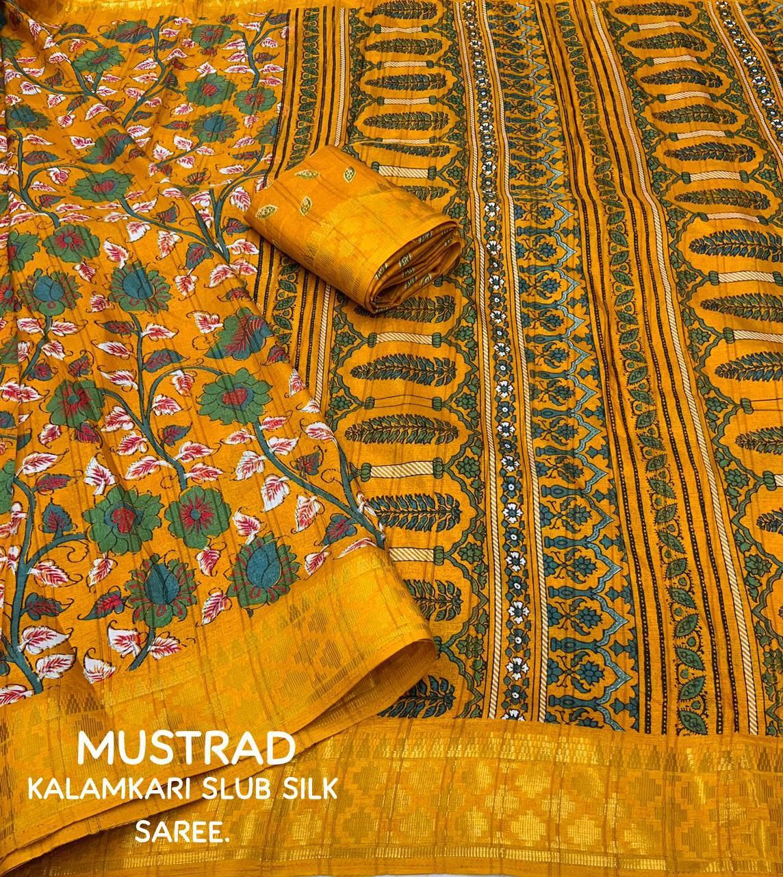 Mustard Slub Silk Kalamkari Printed Saree