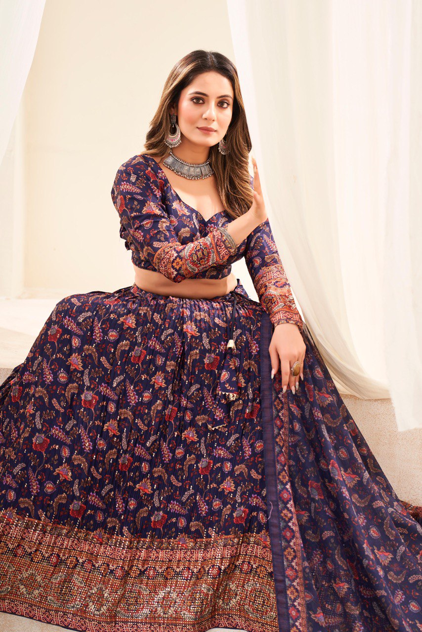 Navy Blue Chinon Lehenga Choli For Wedding