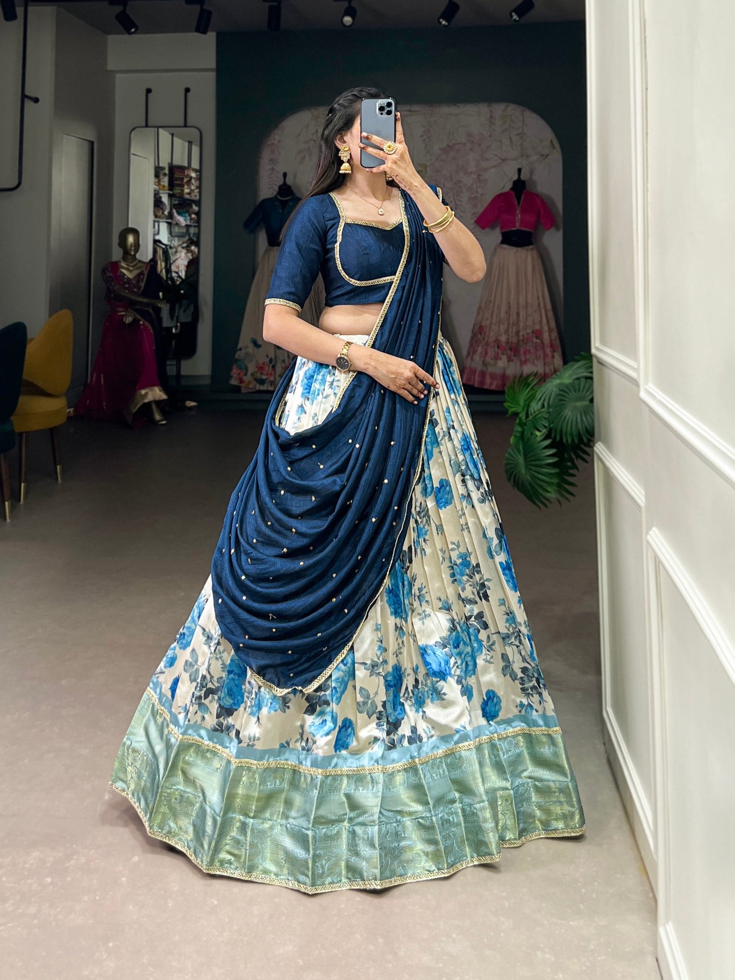 Navy Blue Floral Printed Dola Silk Lehenga