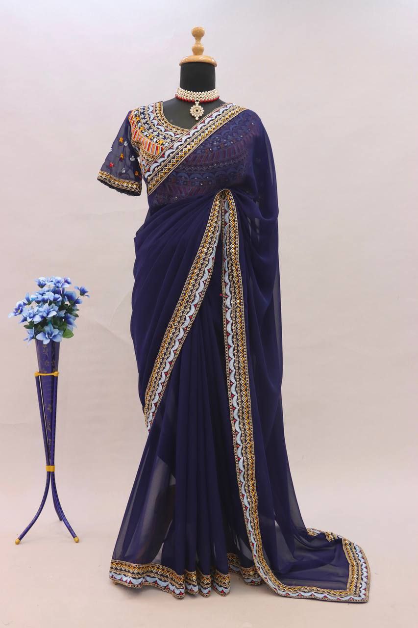 Navy Designer Wedding Wear Georgette Saree