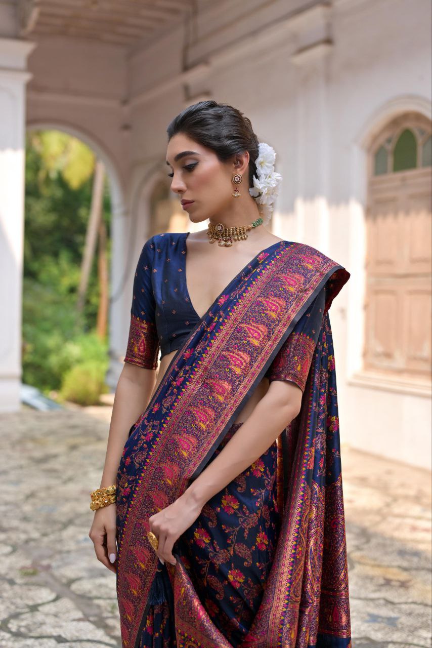 Navy Wedding Wear Pashmina Silk Saree