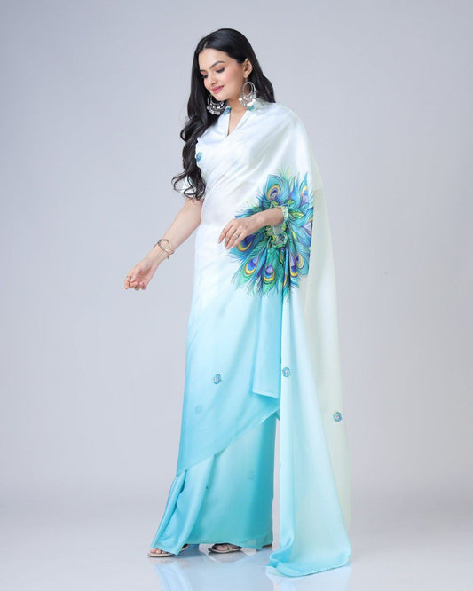 New Hands Free Satin Georgette Saree In Aqua Blue & White