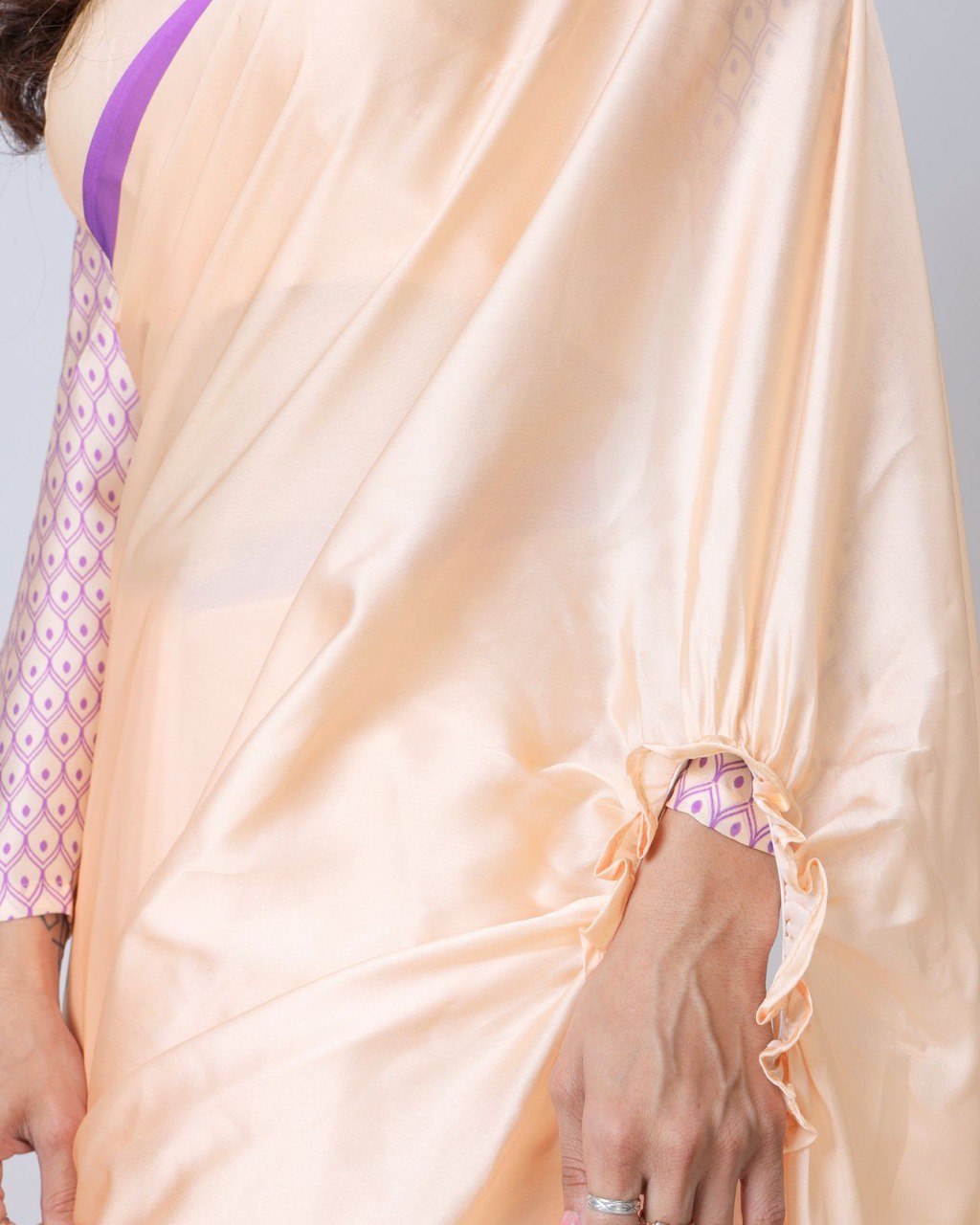 New Hands Free Satin Georgette Saree In Light Peach