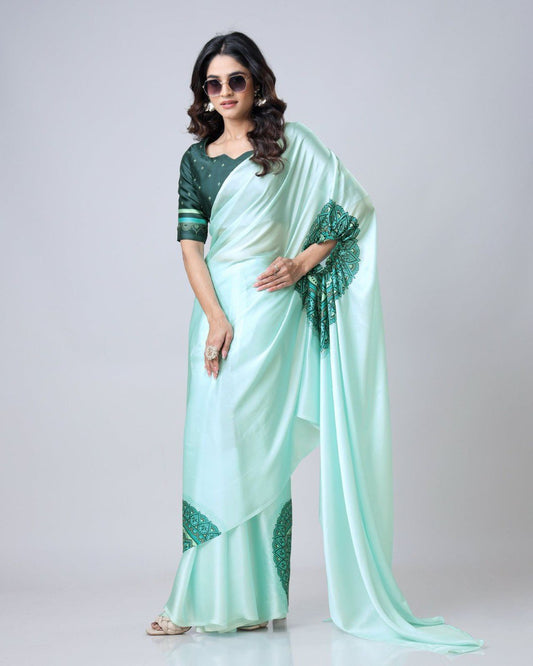 New Hands Free Satin Georgette Saree In Mint Green
