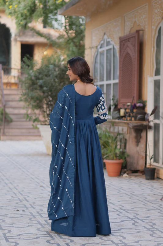 Nile Blue Georgette Gown Dress With Dupatta