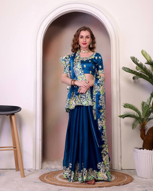Nile Blue Jimmy Choo Silk Saree For Wedding