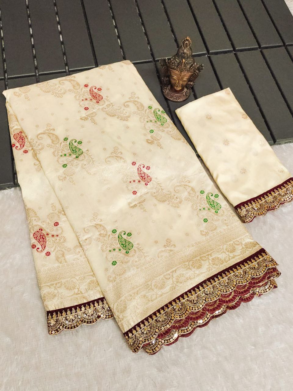 Off White Designer Dola Silk Saree
