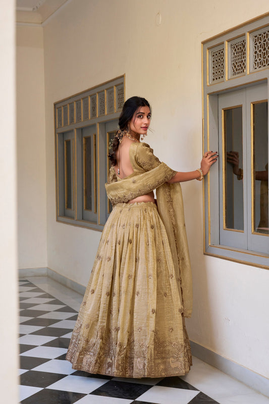 Off White Party Wear Gold Crush Lehenga